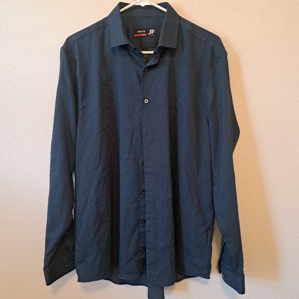 J. Ferrar Mens Slim Fit Stretch Dress Shirt Navy Blue Micro Dot Long Sleeve L